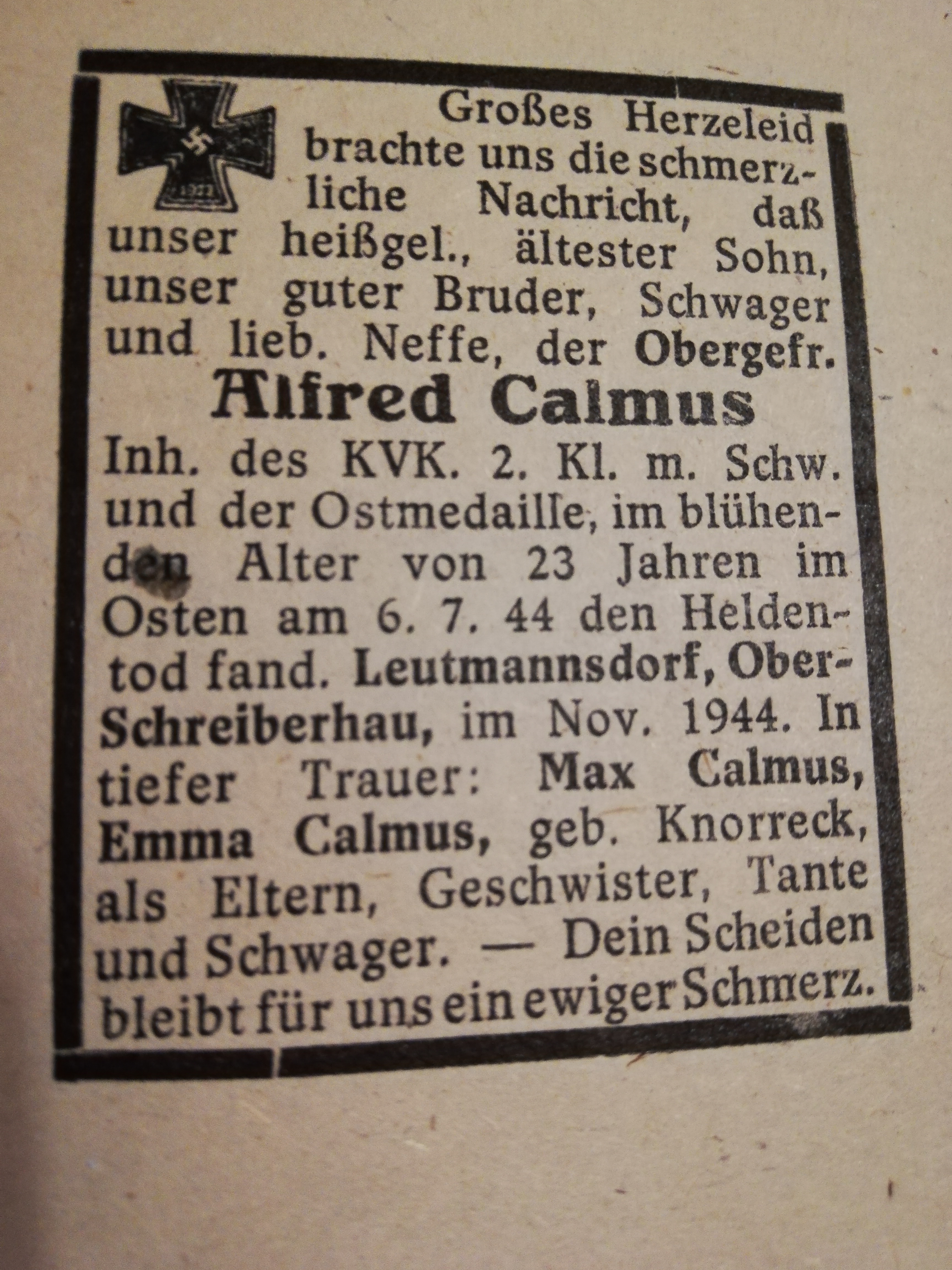 Totenzetter von Alfred Calmus *20.9.1921